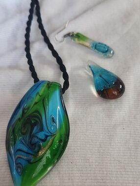 Handmade Blue & Green Glass Pendant Necklace and